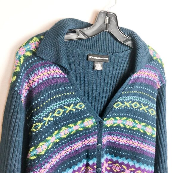 Norton Mcnaughton Fair Isle Retro Button Up Cardigan XL Blue Green Womens Collar - Picture 8 of 10